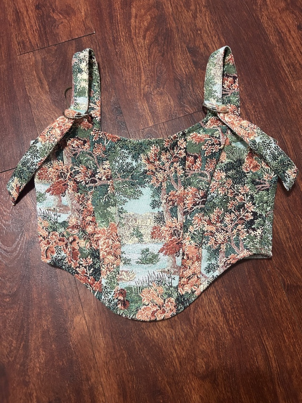 Free People Green & Rust Floral Tapestry Bow-Shoulder Crop Top